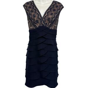Jessica Howard Womens Navy Blue Layered Ruffle Tiered Lace Cocktail Dress sz 12